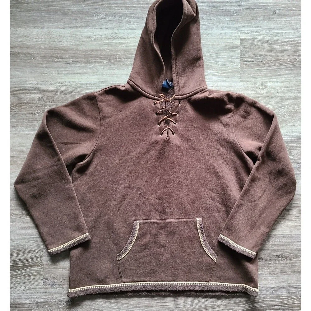 Vintage Polo Jeans Co Ralph Lauren Hoodie Mens L Brown Lace Up Pullover Fleece